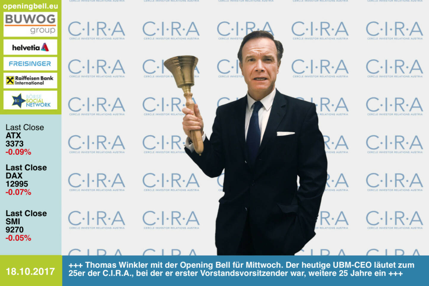 #openingbell am 18.10.: Thomas Winkler mit der Opening Bell für Mittwoch. Der heutige UBM-CEO läutet zum 25er der C.I.R.A., bei der er erster Vorstandsvorsitzender war, weitere tolle 25 Jahre ein http://www.cira.at http://www.ubm.at  http://www.boerse-social.com/goboersewien https://www.facebook.com/groups/GeldanlageNetwork/ 