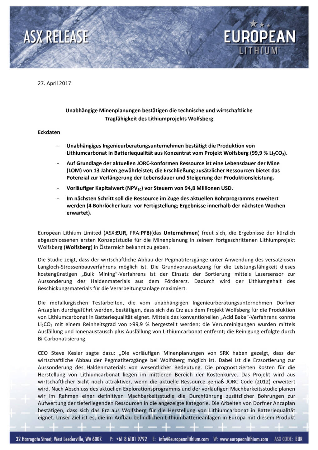 European Lithium: Studie zeigt Technische und wirtschaftliche Tragfähigkeit des Lithiumprojekts Wolfsberg, Seite 1/13, komplettes Dokument unter http://boerse-social.com/static/uploads/file_2367_european_lithium_studie_zeigt_technische_und_wirtschaftliche_tragfahigkeit_des_lithiumprojekts_wolfsberg.pdf