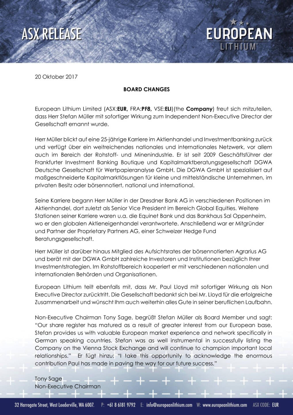 European Lithium: Stefan Müller wird Independent Non-Executive Director , Seite 1/2, komplettes Dokument unter http://boerse-social.com/static/uploads/file_2371_european_lithium_stefan_muller_wird_independent_non-executive_director.pdf
