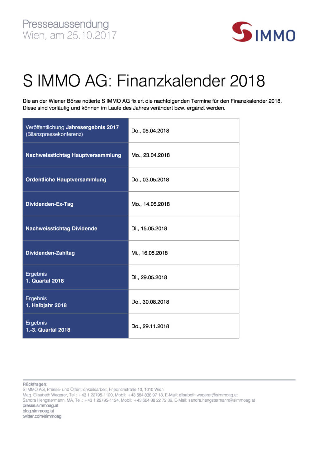 S Immo: Finanzkalender 2018, Seite 1/1, komplettes Dokument unter http://boerse-social.com/static/uploads/file_2377_s_immo_finanzkalender_2018.pdf