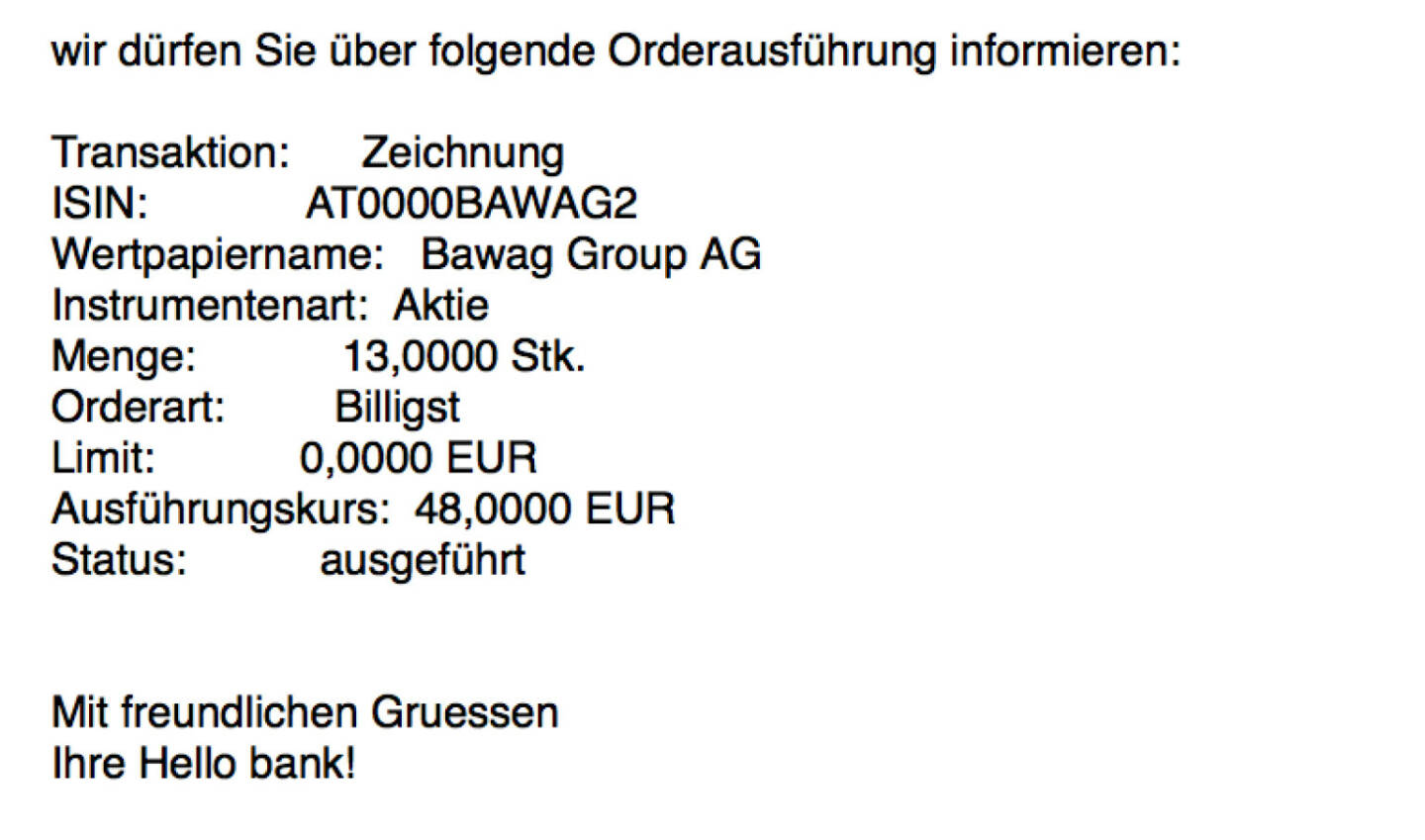 Nachtrag zur Zeichung Bawag #100100hello 13 von 20 zugeteilt