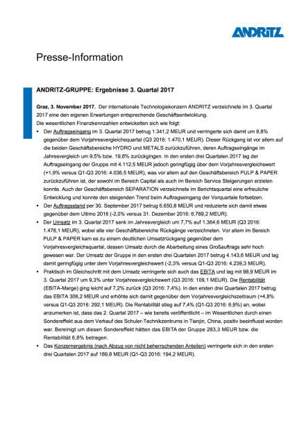 Andritz: Ergebnisse 3. Quartal 2017, Seite 1/3, komplettes Dokument unter http://boerse-social.com/static/uploads/file_2384_andritz_ergebnisse_3_quartal_2017.pdf (03.11.2017) 