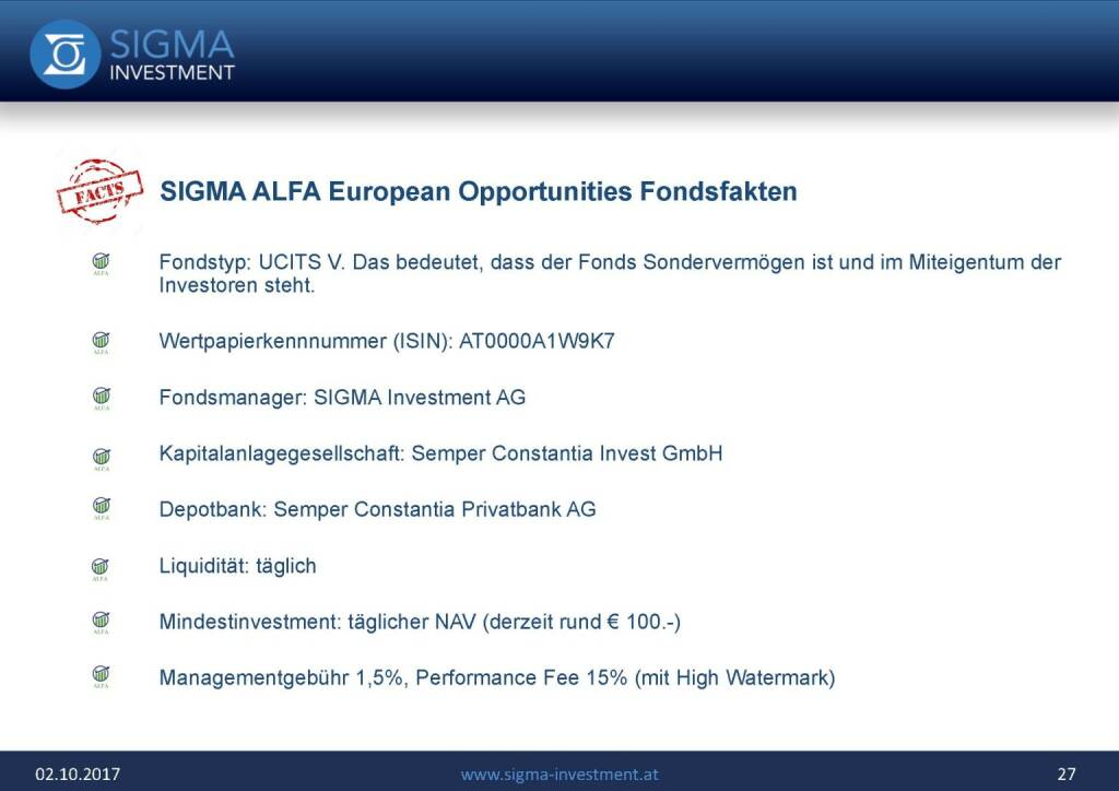 Präsentation Sigma Alfa European Opportunities Fonds - Fondsfakten (07.11.2017) 