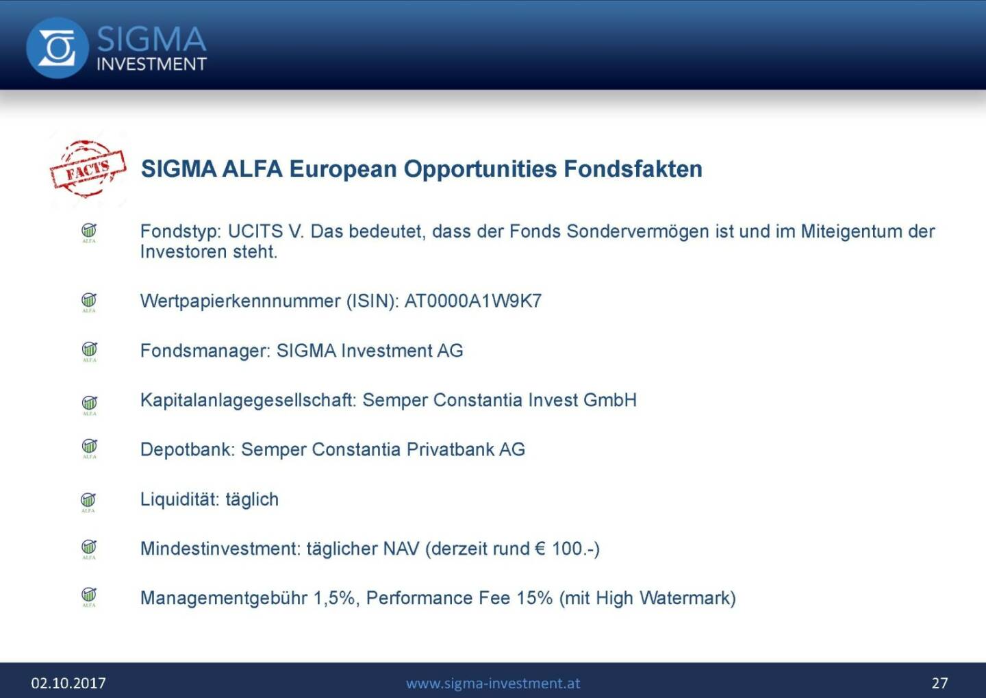 Präsentation Sigma Alfa European Opportunities Fonds - Fondsfakten