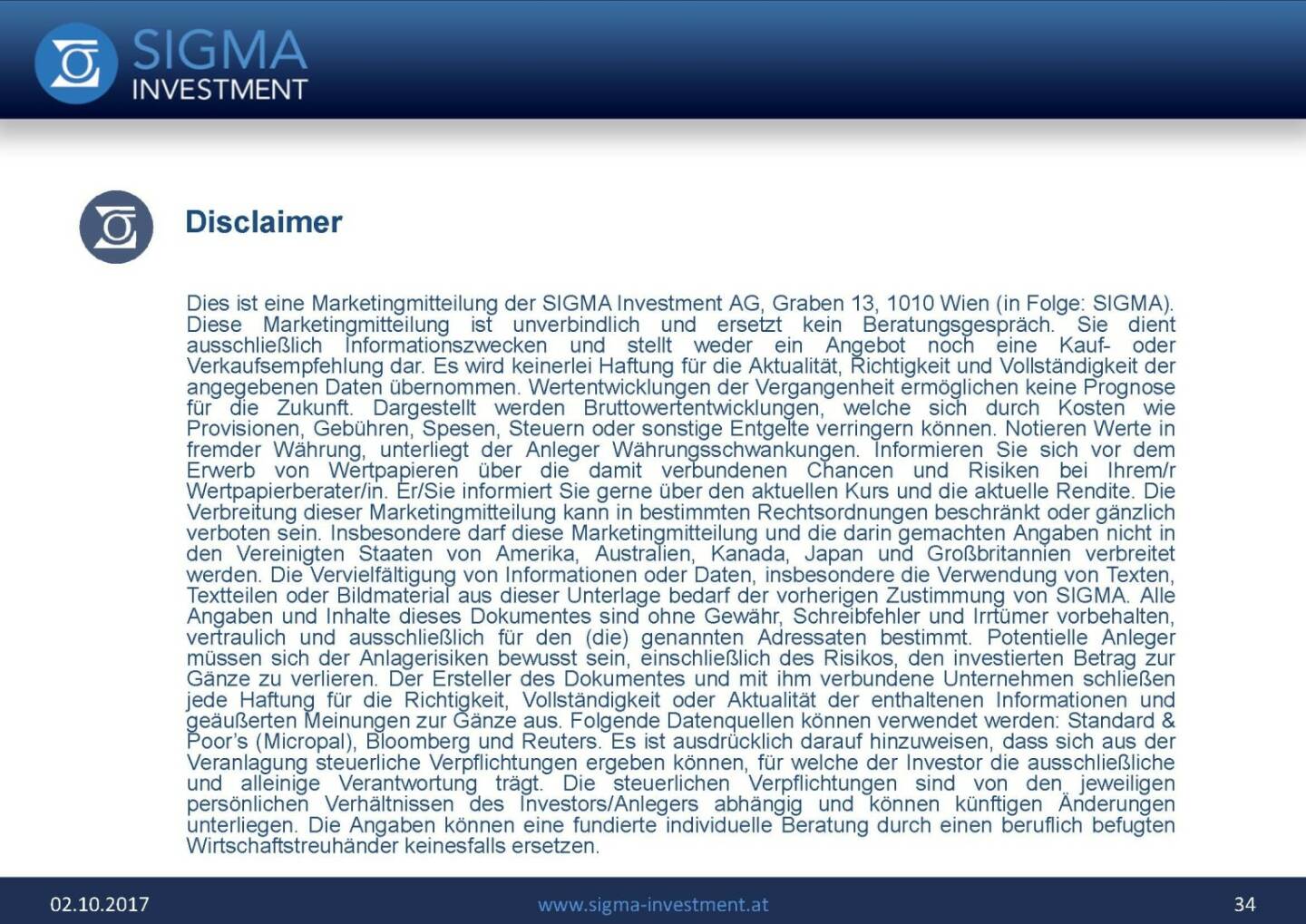 Präsentation Sigma Alfa European Opportunities Fonds - Disclaimer