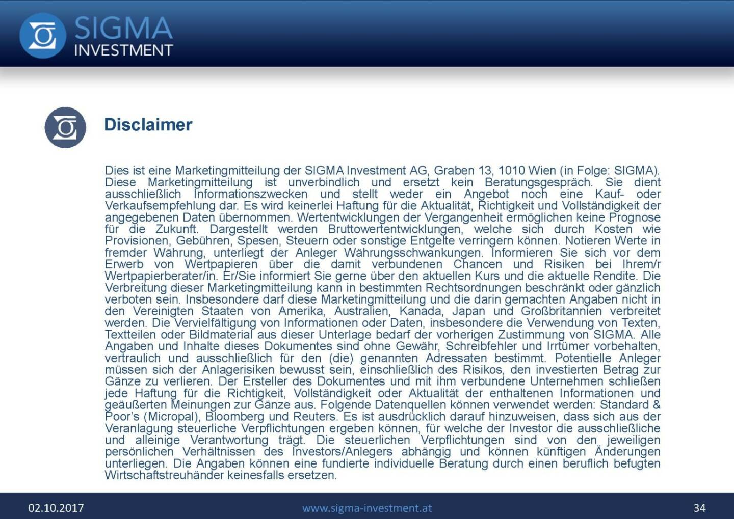 Präsentation Sigma Alfa European Opportunities Fonds - Disclaimer