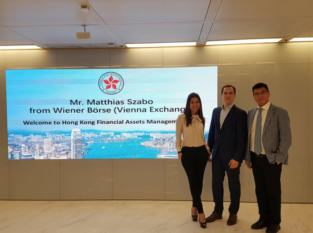 Matthias Szabo , Wiener Börse : Had a great time yesterday with the guys from Hong Kong Financial Assets Management. Very promising company with a clear vision for Chinese companies looking to enter international capital markets. Thanks Inez Chow and Stephen Lee for the warm welcome and interesting discussion! (09.11.2017) 