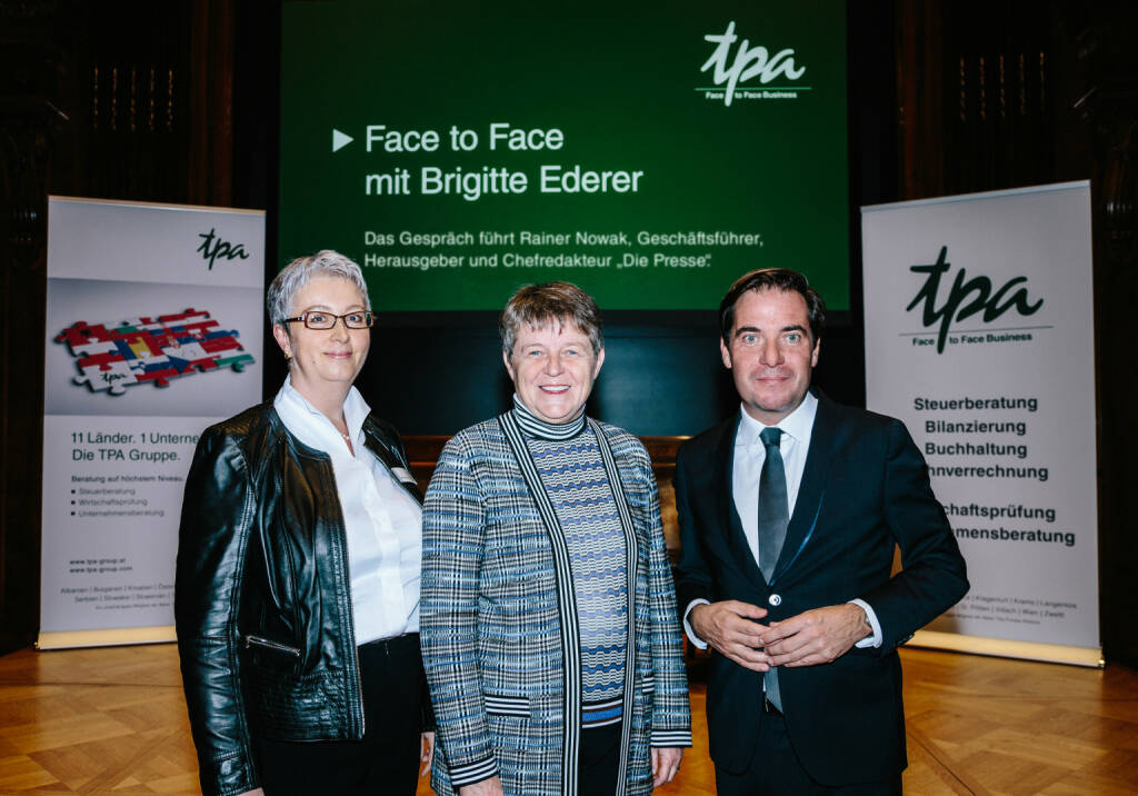 TPA Steuerberatung GmbH: Brigitte Ederer zu Gast bei TPA Event „Face to Face“; TPA Partnerin Karin Fuhrmann, Managerin Brigitte Ederer, Presse Chefredakteur Rainer Nowak (v.l.). Copyright: TPA / Marko Zlousic (10.11.2017) 