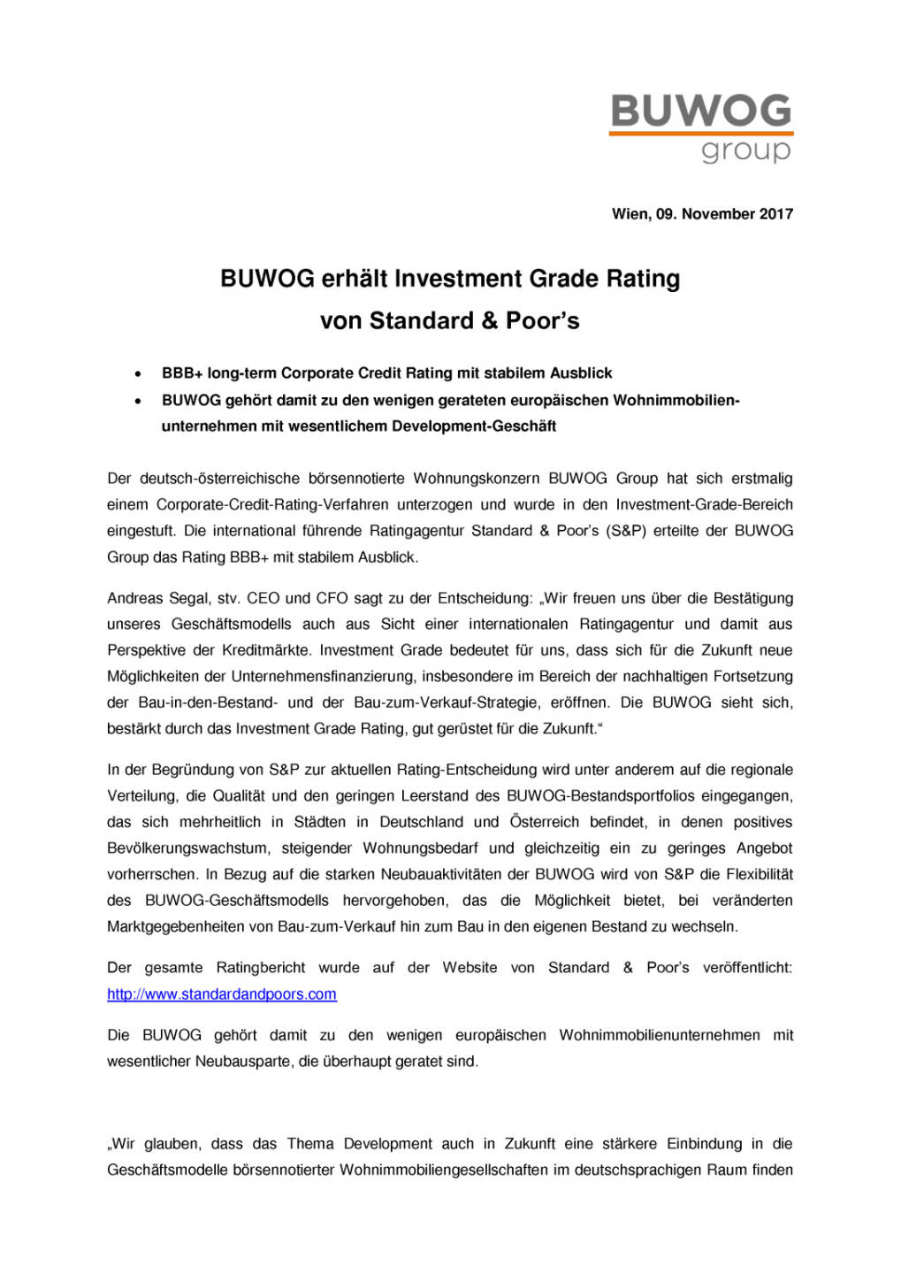 Buwog Group erhält Investment Grade Rating von S&P, Seite 1/2, komplettes Dokument unter http://boerse-social.com/static/uploads/file_2387_buwog_group_erhalt_investment_grade_rating_von_sp.pdf