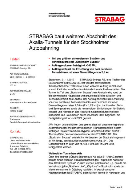 Strabag baut weiteren Abschnitt des Akalla-Tunnels für den Stockholmer Autobahnring, Seite 1/2, komplettes Dokument unter http://boerse-social.com/static/uploads/file_2396_strabag_baut_weiteren_abschnitt_des_akalla-tunnels_fur_den_stockholmer_autobahnring.pdf (21.11.2017) 