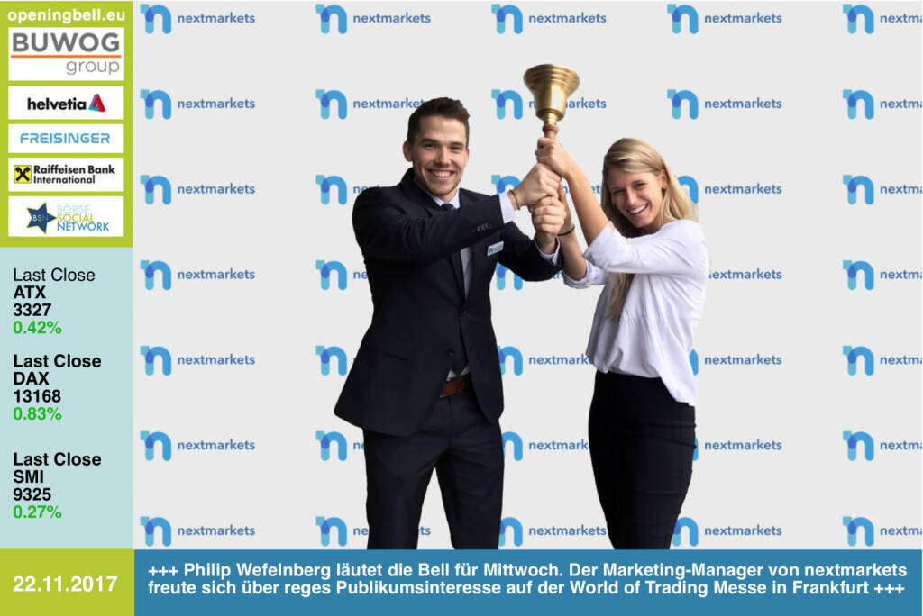 #openingbell am 22.11.: Philip Wefelnberg läutet die Opening Bell für Mittwoch. Der Marketing-Manager von nextmarkets freute sich über reges Publikumsinteresse auf der World of Trading Messe in Frankfurt http://nextmarkets.com/de/home #wot https://www.facebook.com/groups/GeldanlageNetwork/ #goboersewien (22.11.2017) 