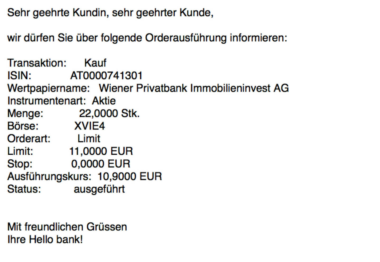 Kauf Wiener Privatbank für #100100hello (Teilausführungen)