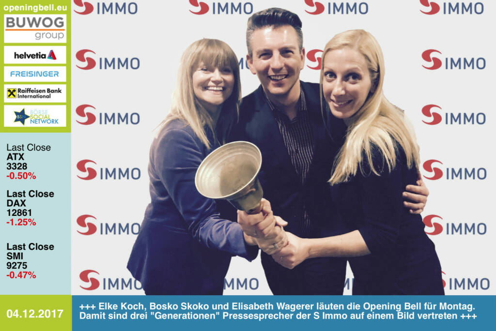 #openingbell am 4.12.: Elke Koch, Bosko Skoko und Elisabeth Wagerer läuten die Opening Bell für Montag. Damit sind drei Generationen Pressesprecher der S Immo auf einem Bild vertreten http://www.simmoag.at http://www.boerse-express.com/simmo https://www.facebook.com/groups/GeldanlageNetwork/ #goboersewien (04.12.2017)