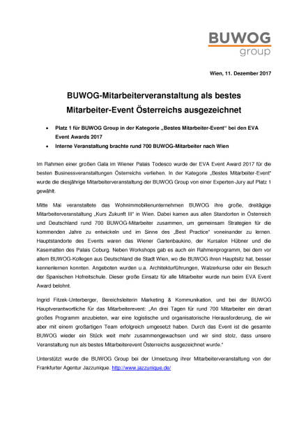 Mitarbeiterevent der BUWOG mit EVA-Award ausgezeichnet, Seite 1/2, komplettes Dokument unter http://boerse-social.com/static/uploads/file_2411_mitarbeiterevent_der_buwog_mit_eva-award_ausgezeichnet.pdf (11.12.2017) 