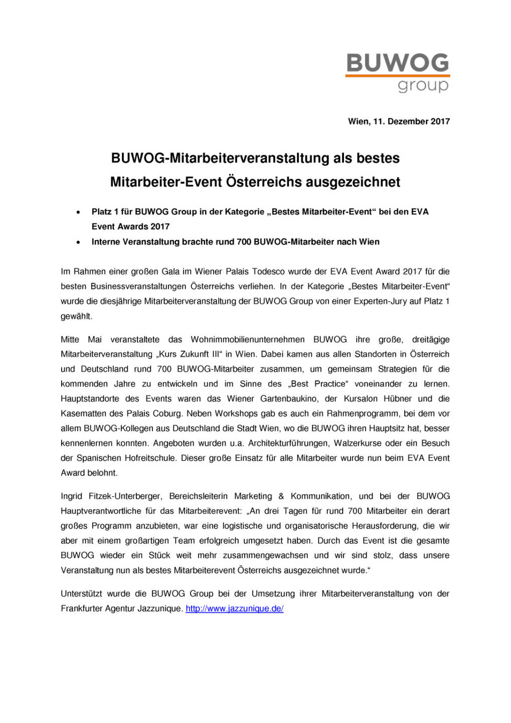 Mitarbeiterevent der BUWOG mit EVA-Award ausgezeichnet, Seite 1/2, komplettes Dokument unter http://boerse-social.com/static/uploads/file_2411_mitarbeiterevent_der_buwog_mit_eva-award_ausgezeichnet.pdf