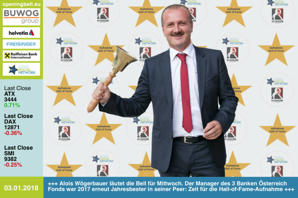 #openingbell am 3.1.: Alois Wögerbauer läutet die Opening Bell für Mittwoch. Der Manager des 3 Banken Österreich Fonds war 2017 erneut Jahresbester in seiner Peer: Zeit für die Hall-of-Fame-Aufnahme https://www.3bg.at/  http://www.boerse-social.com/hall-of-fame https://www.facebook.com/groups/GeldanlageNetwork/ #goboersewien  (03.01.2018) 