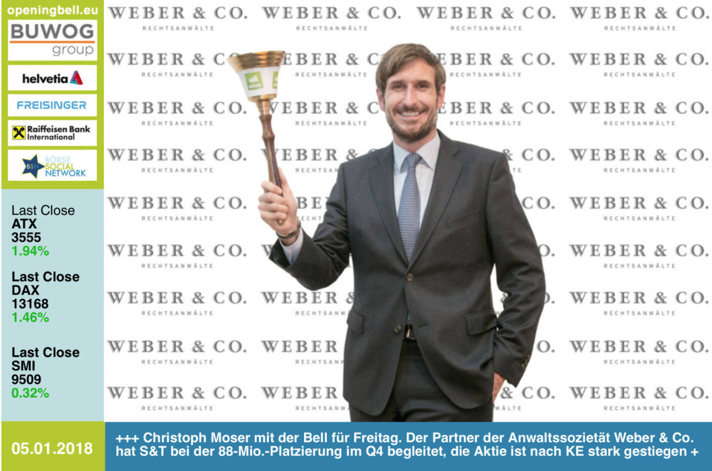 #openingbell am 5.1.: Christoph Moser mit der Opening Bell für Freitag. Der Partner der Anwaltssozietät Weber & Co. hat S&T bei der 88-Mio.-Platzierung im Q4 begleitet, die Aktie ist nach KE stark gestiegen, sieht man auch nicht häufig http://boerse-social.com/launch/aktie/sant http://www.weber.co.at https://www.facebook.com/groups/GeldanlageNetwork/ #goboersewien 