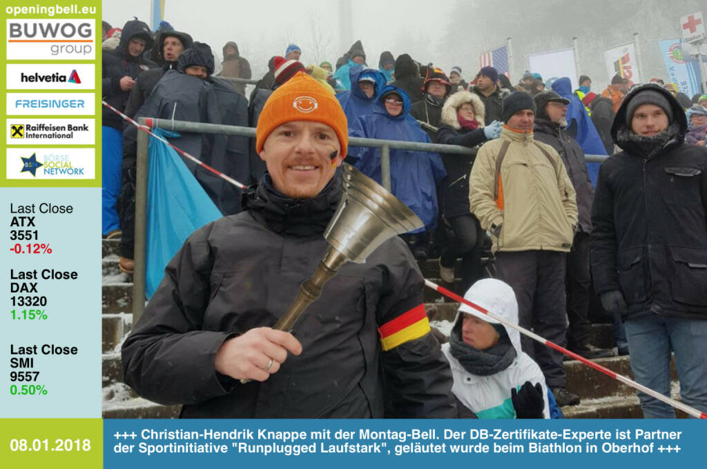 #openingbell am 8.1.: Christian-Hendrik Knappe mit der Opening Bell für Montag. Der Zertifikate-Experte von Deutsche Bank X-Markets ist Partner der Sportinitiative Runplugged Laufstark, geläutet wurde beim Biathlon in Oberhof www.xmarkets.com/‎ http://www.runplugged.com https://www.weltcup-oberhof.de/ https://www.facebook.com/groups/GeldanlageNetwork/ #goboersewien https://www.facebook.com/groups/Sportsblogged #runpluggedlaufstark (08.01.2018) 