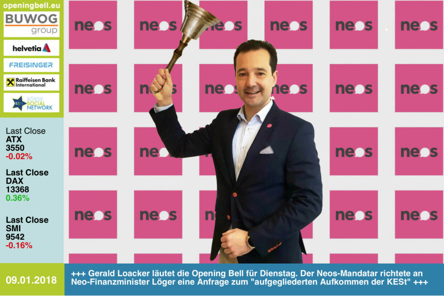 #openingbell am 9.1.: Gerald Loacker läutet die Opening Bell für Dienstag. Der Neos-Mandatar richtete an Neo-Finanzminister Löger eine Anfrage zum aufgegliederten Aufkommen der KESt, siehe hier: https://www.parlament.gv.at/PAKT/VHG/XXVI/J/J_00020/imfname_674421.pdf https://www.facebook.com/groups/GeldanlageNetwork/ #goboersewien 