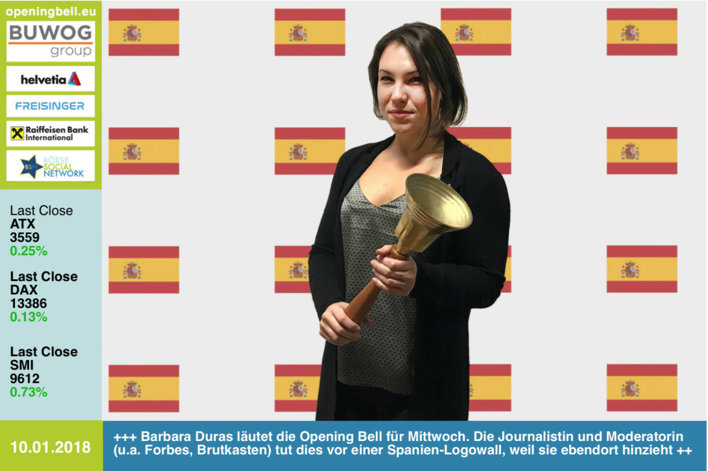 #openingbell am 10.1.: Barbara Duras läutet die Opening Bell für Mittwoch. Die Journalistin und Moderatorin (u.a. Ex-Forbes, -Brutkasten) tut dies vor einer Spanien-Logowall, weil sie ebendort hinzieht https://www.facebook.com/groups/GeldanlageNetwork/ #goboersewien  