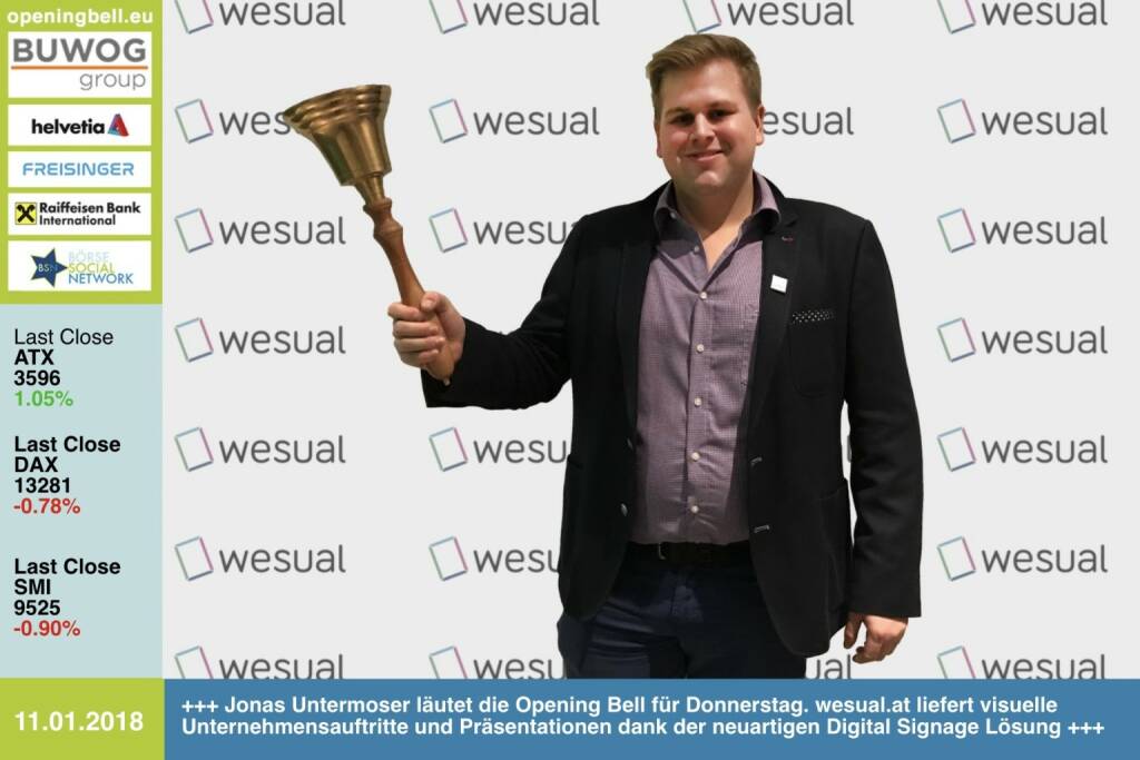 #openingbell am 11.1.: Jonas Untermoser läutet die Opening Bell für Donnerstag. wesual.at liefert visuelle Unter-nehmensauftritte und Präsentationen dank der neuartigen Digital Signage Lösung  
http://www.wesual.at https://www.facebook.com/groups/GeldanlageNetwork/ #goboersewien (11.01.2018) 