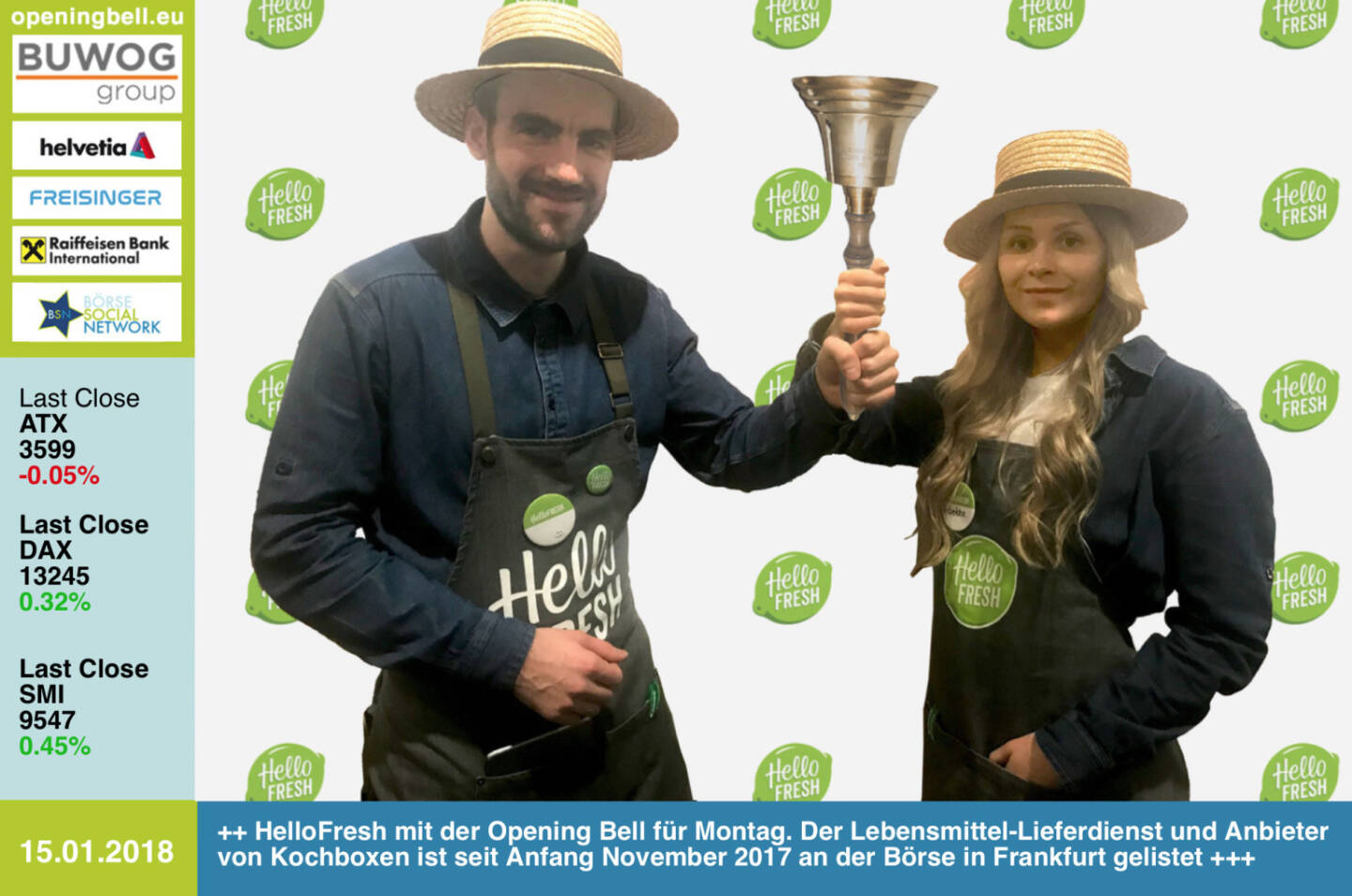 #openingbell am 15.1.: HelloFresh mit der Opening Bell für Montag. Der Lebensmittel-Lieferdienst und Anbieter von Kochboxen ist seit Anfang November 2017 an der Börse in Frankfurt gelistet https://www.hellofreshgroup.com/ https://www.facebook.com/groups/GeldanlageNetwork/