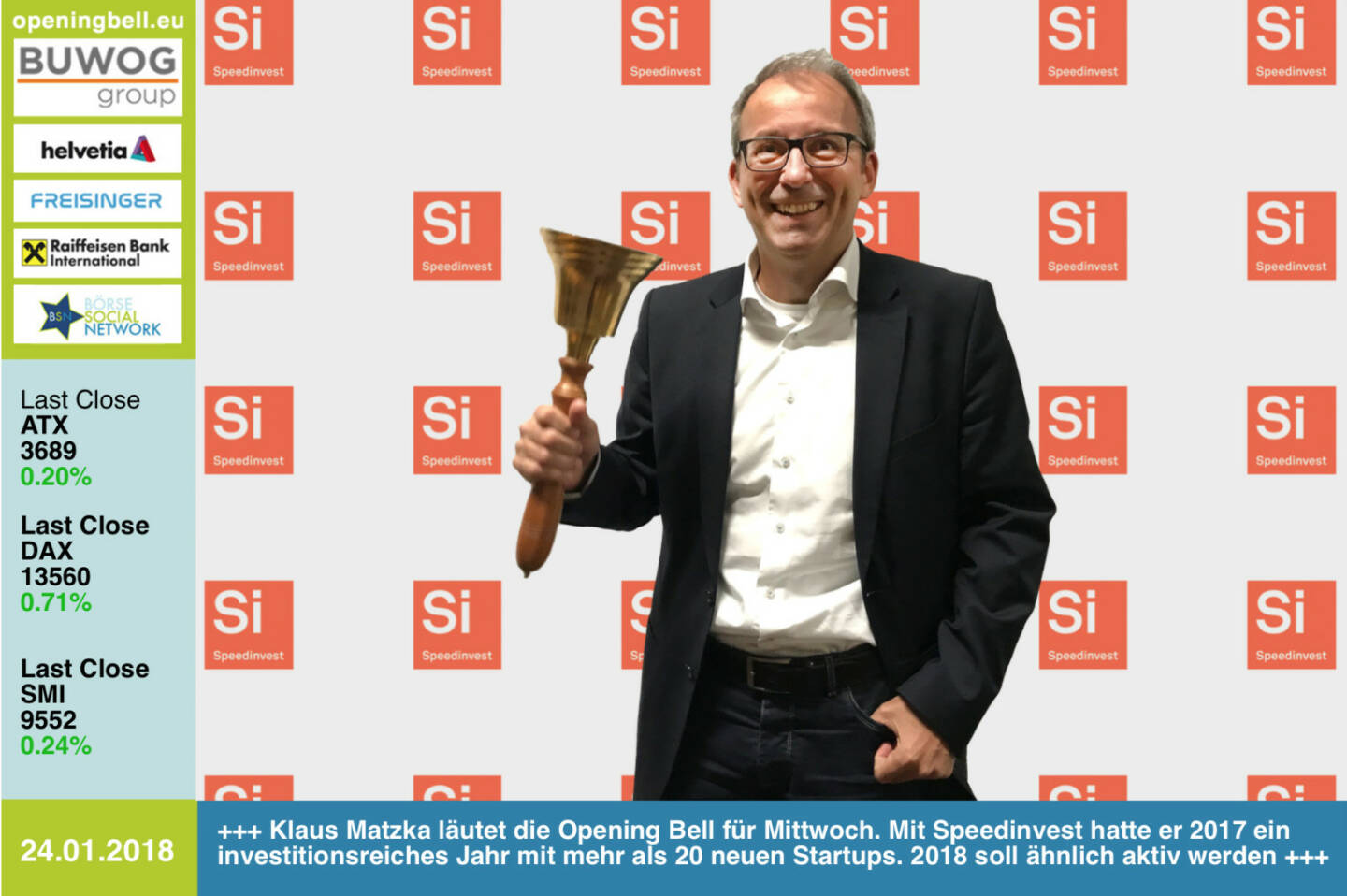 #openingbell am 24.1.: Klaus Matzka läutet die Opening Bell für Mittwoch. Mit Speedinvest hatte er 2017 ein investitionsreiches Jahr mit mehr als 20 neuen Startups. 2018 soll ähnlich aktiv werden http://speedinvest.com https://www.facebook.com/groups/GeldanlageNetwork/ #goboersewien 