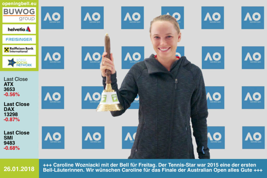#openingbell am 26.1.: Caroline Wozniacki mit der Opening Bell für Freitag. Der Tennis-Star aus Dänemark war 2015 eine der ersten Bell-Läuterinnen. Wir wünschen Caroline am Weekend für das Finale bei den Australian Open alles Gute https://twitter.com/CaroWozniacki https://ausopen.com https://www.facebook.com/groups/Sportsblogged  (26.01.2018)