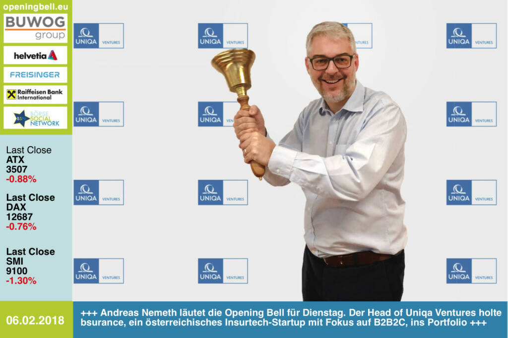 #openingbell am 6.2.: Andreas Nemeth läutet die Opening Bell für Dienstag. Der Head of Uniqa Ventures holte bsurance, ein österreichisches Insurtech-Startup mit Fokus auf  B2B2C, ins Portfolio http://www.uniqa.at https://www.facebook.com/groups/GeldanlageNetwork/ #goboersewien  (06.02.2018)