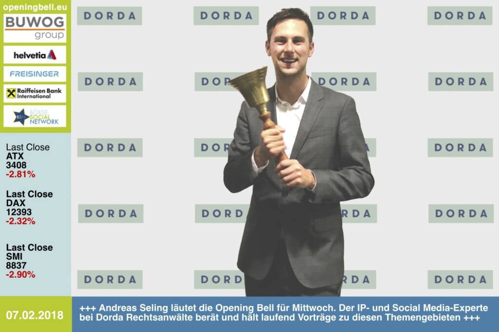 #openingbell am 7.2.: Andreas Seling läutet die Opening Bell für Mittwoch. Der IP- und Social Media-Experte bei Dorda Rechtsanwälte berät und hält laufend Vorträge zu diesen Themengebieten http://www.dorda.at https://www.facebook.com/groups/GeldanlageNetwork/ #goboersewien  (07.02.2018) 