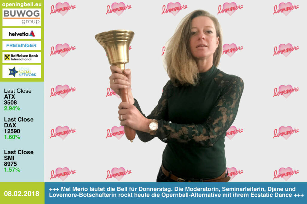 #openingbell am 8.2.: Mel Merio läutet die Opening Bell für Donnerstag. Die Moderatorin, Seminarleiterin, Djane und Lovemore-Botschafterin rockt heute die Opernball-Alternative mit ihrem Ecstatic Dance  http://www.melmerio.com/ecstatic-dance https://www.facebook.com/groups/GeldanlageNetwork/ #goboersewien  (08.02.2018)