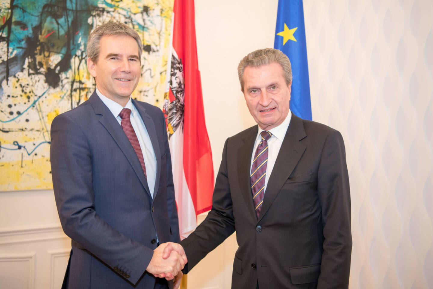 Im Arbeitsgespräch mit EU-Kommissar Günther Oettinger verstärkt Finanzminister Löger die Position Österreichs, keiner pauschalen Erhöhung des EU-Beitrags zuzustimmen. Fotocredit:BMF/Wilke