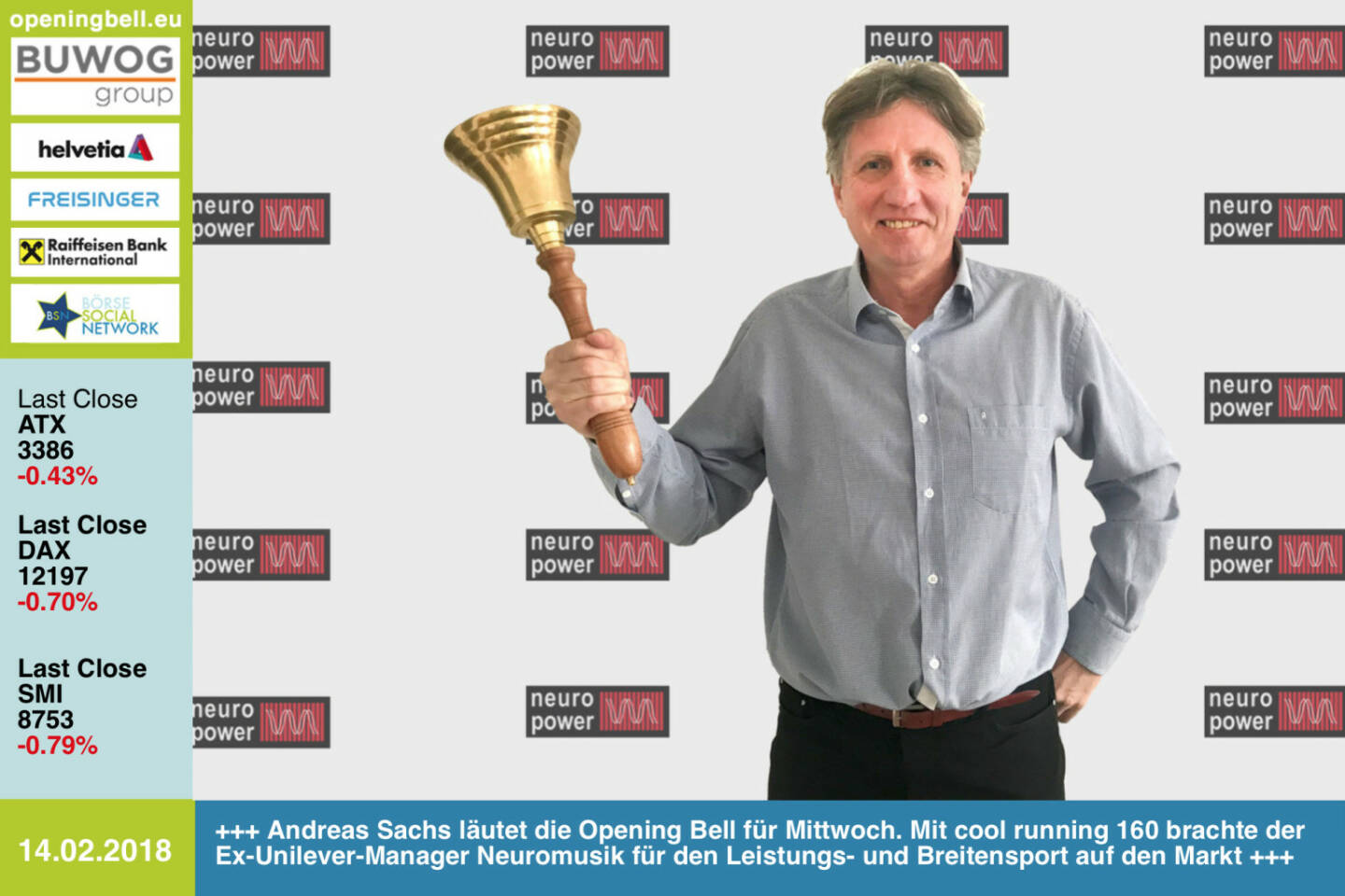 #openingbell am 14.2.: Andreas Sachs läutet die Opening Bell für Mittwoch. Mit cool running 160 brachte der Ex-Unilever-Manager  Neuromusik für den Leistungs- und Breitensport auf den Markt http://www.neuromusic.at https://www.facebook.com/groups/Sportsblogged  
https://www.facebook.com/groups/GeldanlageNetwork/  #goboersewien 