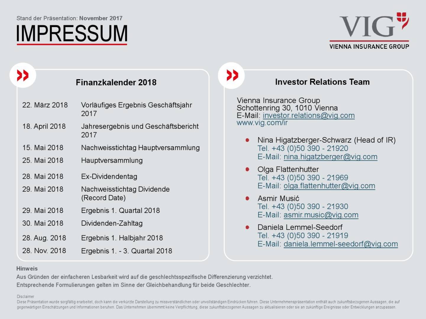 VIG Unternehmenspräsentation - Impressum