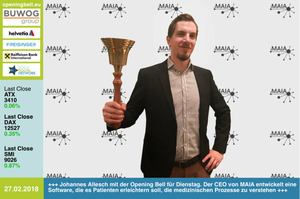 #openingbell am 27.2.: Johannes Allesch läutet die Opening Bell für Dienstag. Der CEO von MAIA entwickelt eine Software, die es Patienten erleichtern soll, die medizinischen Prozesse zu verstehen http://www.maia.tools https://www.facebook.com/groups/GeldanlageNetwork/ #goboersewien  (27.02.2018) 