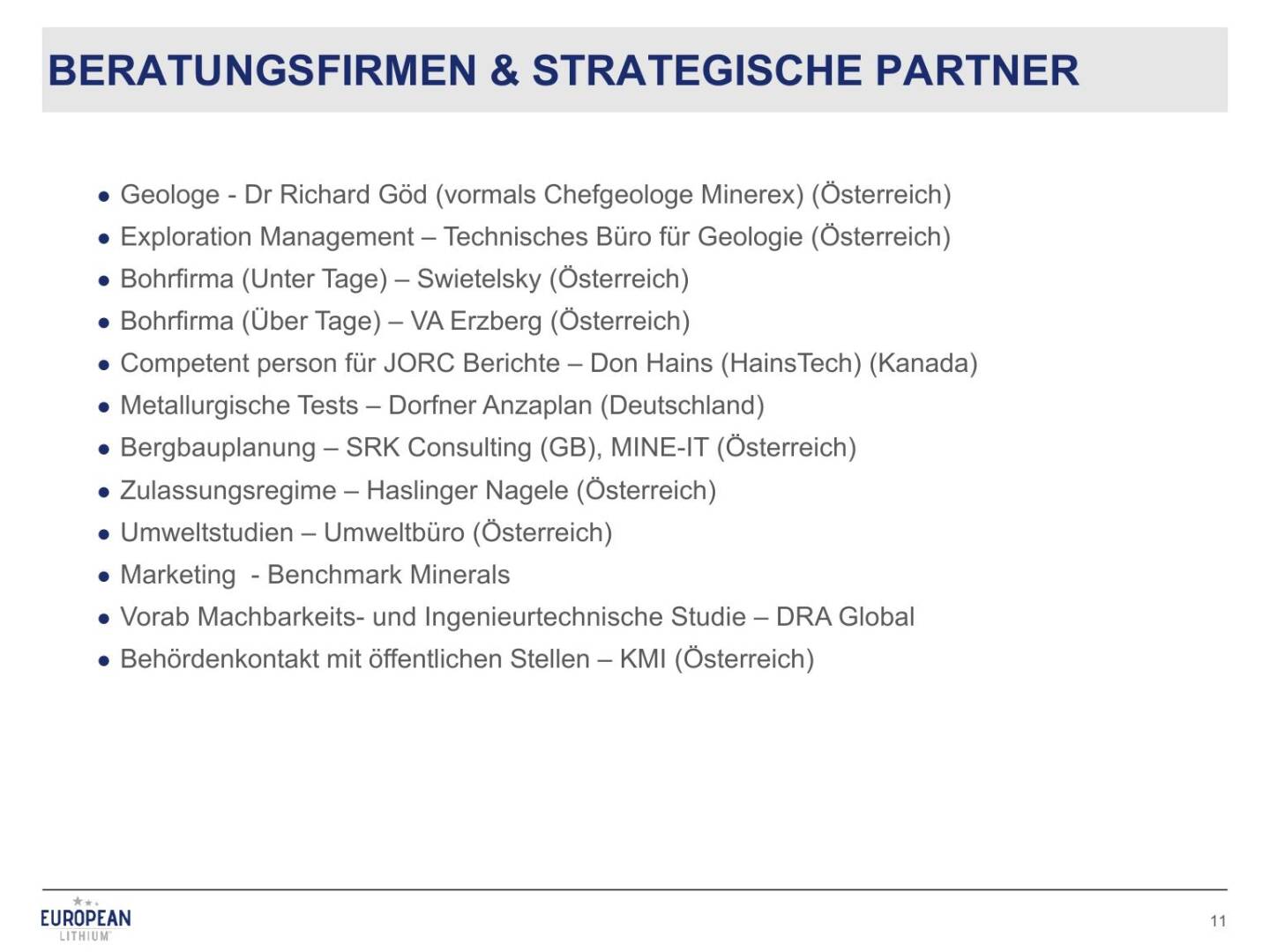 Präsentation European Lithium - Beratungsfirmen und strategische Partner