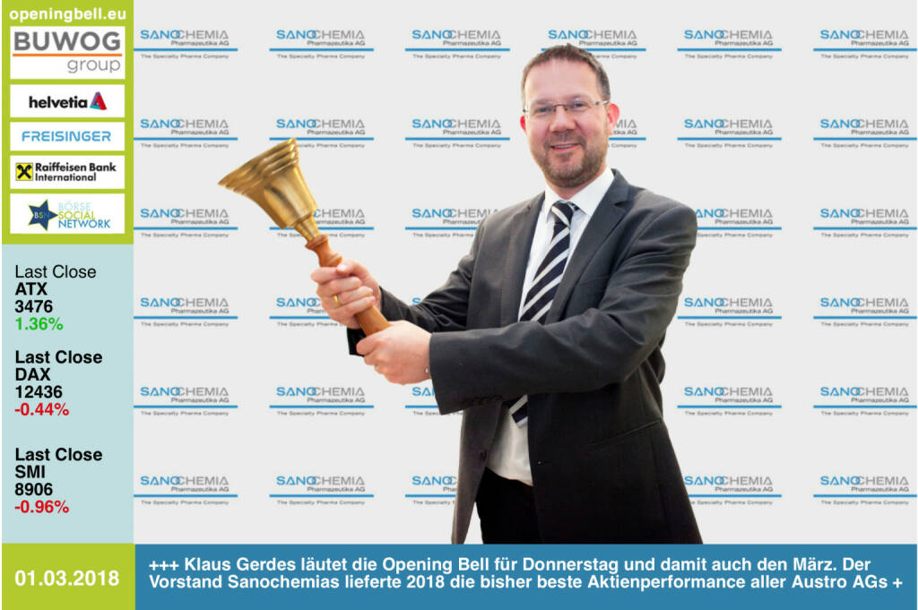 #openingbell am 1.3.:  Klaus Gerdes läutet die Opening Bell für Donnerstag und damit auch den März. Der Vorstand Sanochemias lieferte 2018 die bisher beste Aktienperformance aller Austro AGs http://www.sanochemia.at  .Sanochemia war gestern auch Teilnehmer bei der Roadshow #75 , siehe Präsentation unter http://www.boerse-social.com/page/index/3423 , Bilder zum Event unter http://www.boerse-social.com/page/index/3427 https://www.facebook.com/groups/GeldanlageNetwork/ #goboersewien  (01.03.2018) 