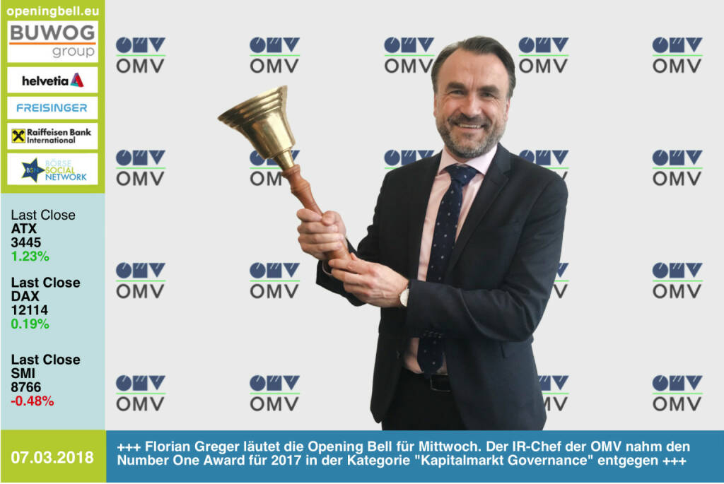 #openingbell am 7.3.: Florian Greger läutet die Opening Bell für Mittwoch. Der IR-Chef der OMV nahm den Number One Award für 2017 in der Kategorie Kapitalmarkt Governance entgegen https://boerse-social.com/numberone/2017 http://www.omv.com https://www.facebook.com/groups/GeldanlageNetwork/ #goboersewien  (07.03.2018)