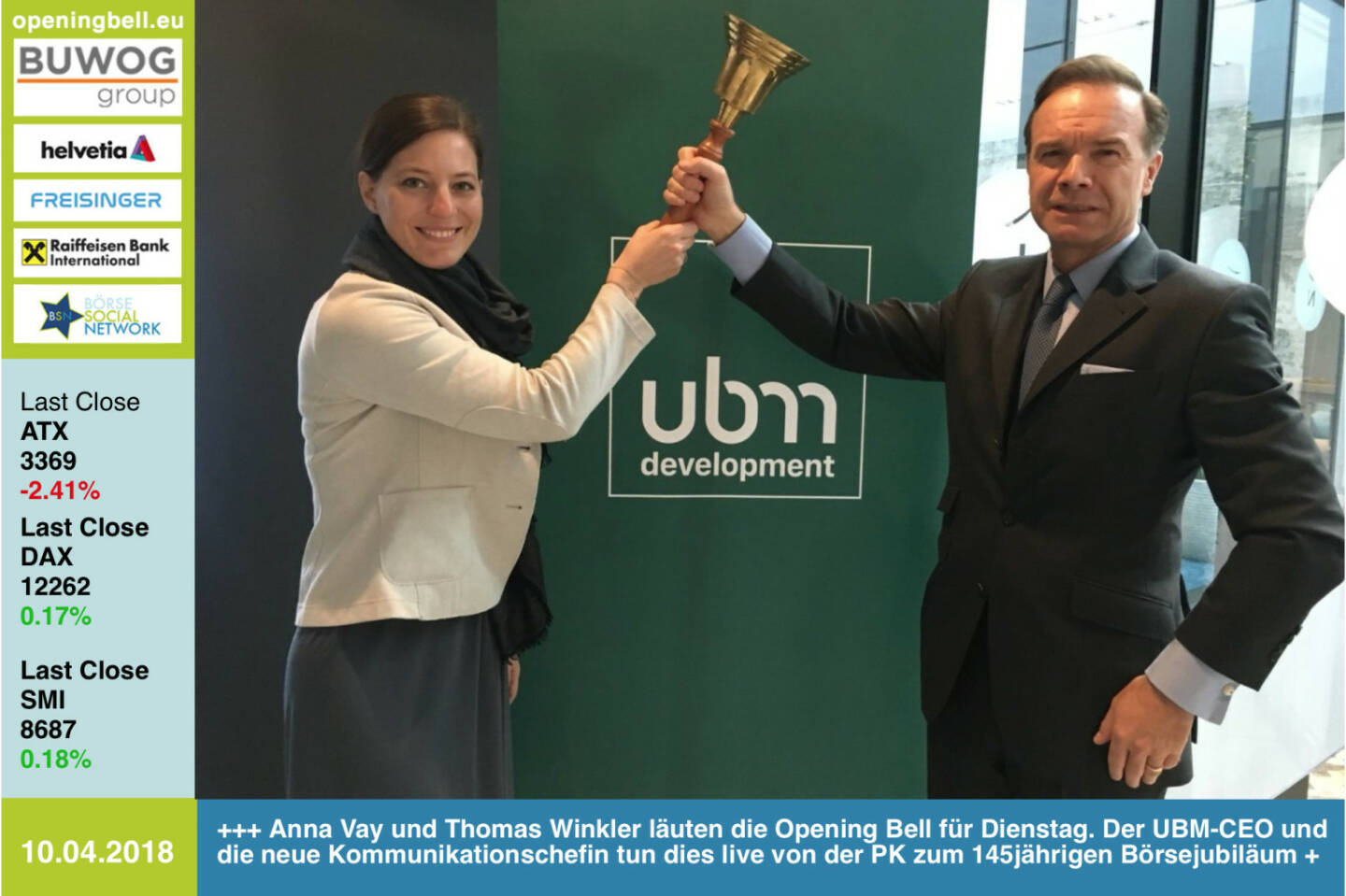 10.4.: Anna Vay und Thomas Winkler läuten die Opening Bell für Dienstag. Der UBM-CEO und die neue Kommunikationschefin tun dies live von der PK zum 145jährigen Börsejubiläum http://ubm.at https://www.facebook.com/groups/GeldanlageNetwork/  #goboersewien