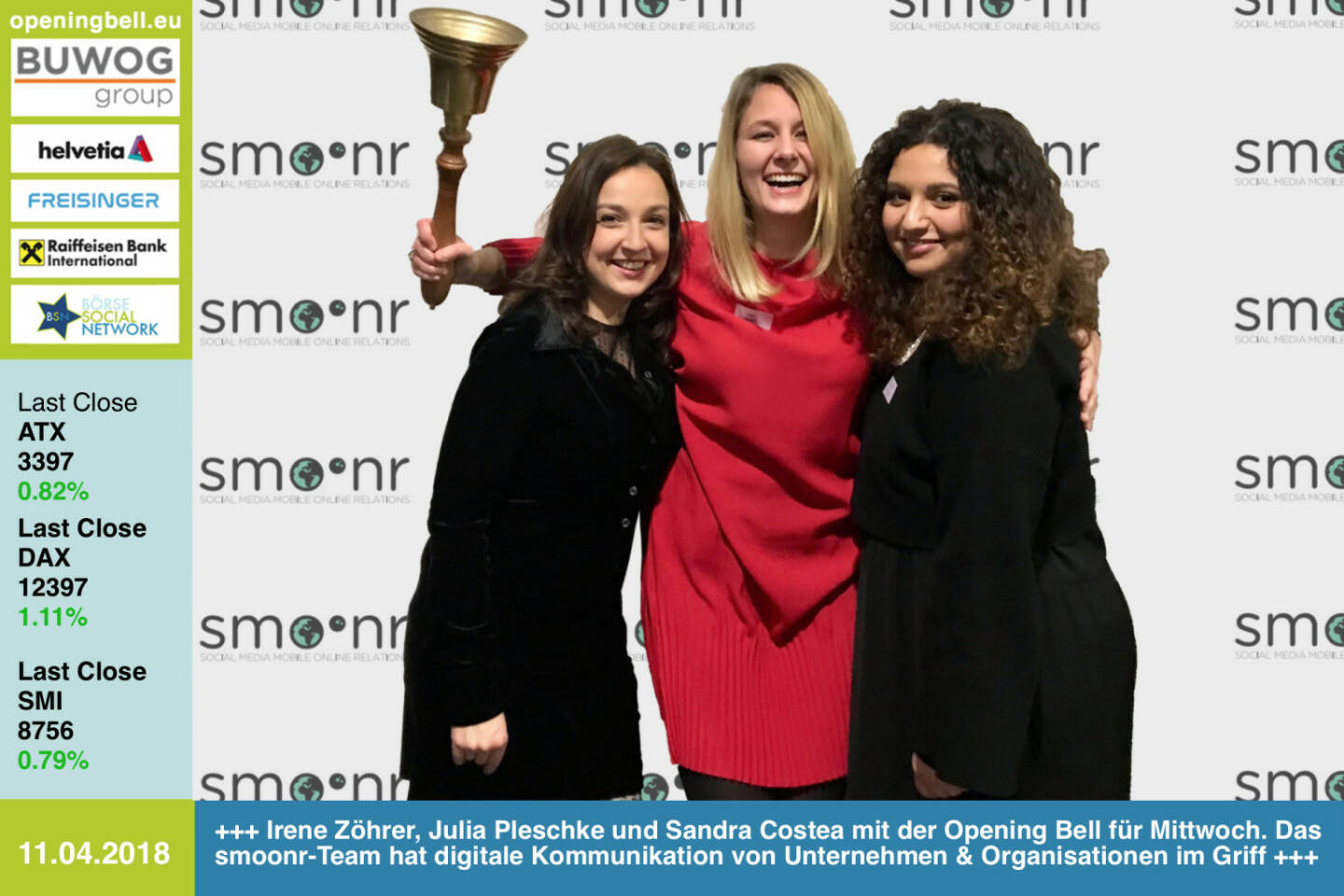 11.4.: Irene Zöhrer, Julia Pleschke und Sandra Costea läuten die Opening Bell für Mittwoch. Das smoonr-Team hat digitale Kommunikation von Unternehmen und Organisationen im Griff. Das ausschließlich weibliche Kollegium verschafft wichtigen Themen das nötige Gehör in neuen und klassischen Medien http://smoonr.com https://www.facebook.com/groups/GeldanlageNetwork/  #goboersewien