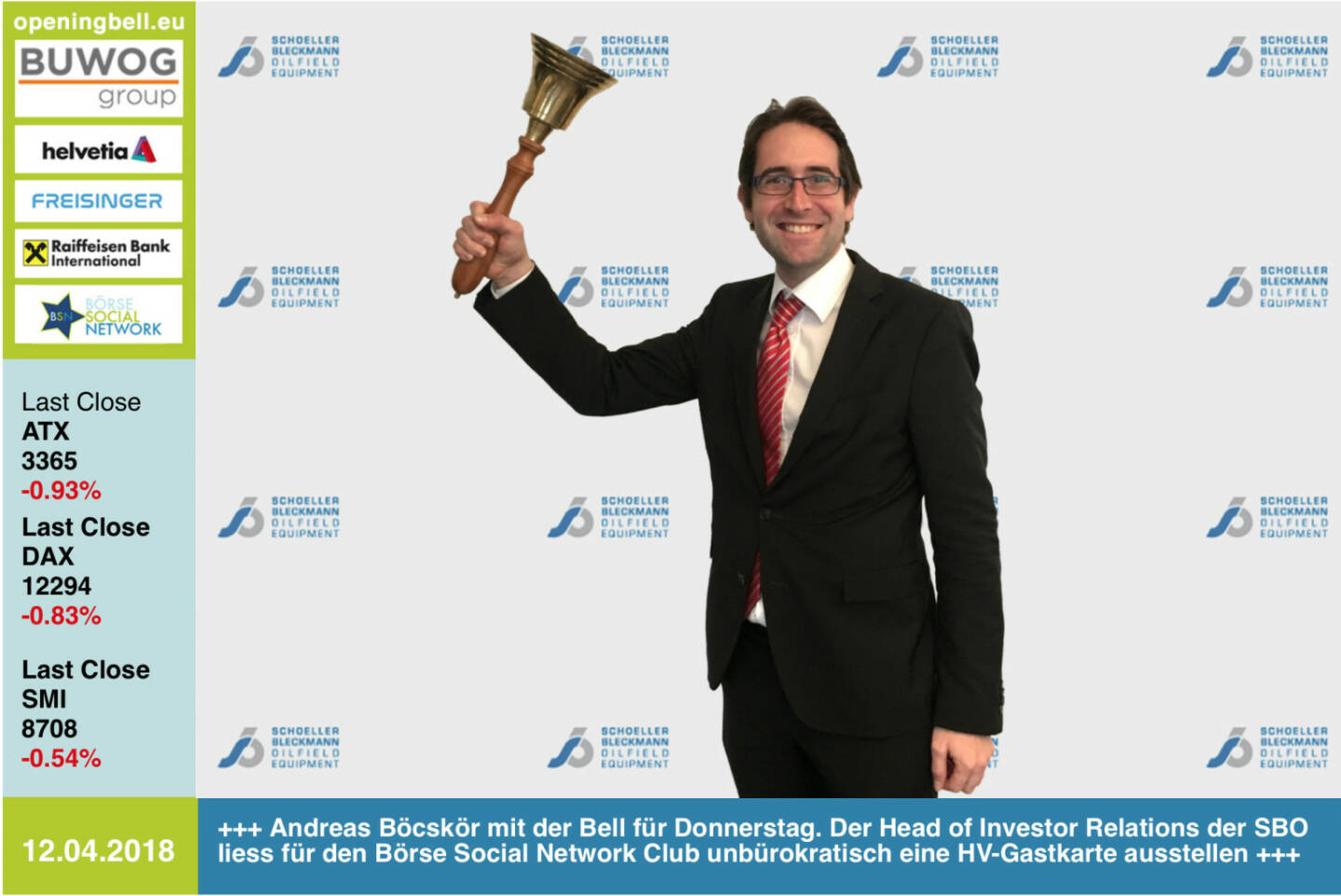 12.4.: Andreas Böcskör läutet die Opening Bell für Donnerstag. Der Head of Investor Relations der SBO liess für den Börse Social Network Club unbürokratisch eine HV-Gastkarte ausstellen http://www.sbo.co.at https://www.facebook.com/groups/GeldanlageNetwork/  #goboersewien