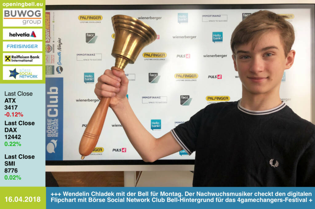 16.4.: Wendelin Chladek läutet die Opening Bell für Montag. Unser Nachwuchsmusiker checkt den digitalen Flipchart mit Börse Social Network Club Bell-Hintergrund für das 4gamechangers-Festival https://4gamechangers.io https://www.facebook.com/groups/GeldanlageNetwork/  #goboersewien (16.04.2018) 