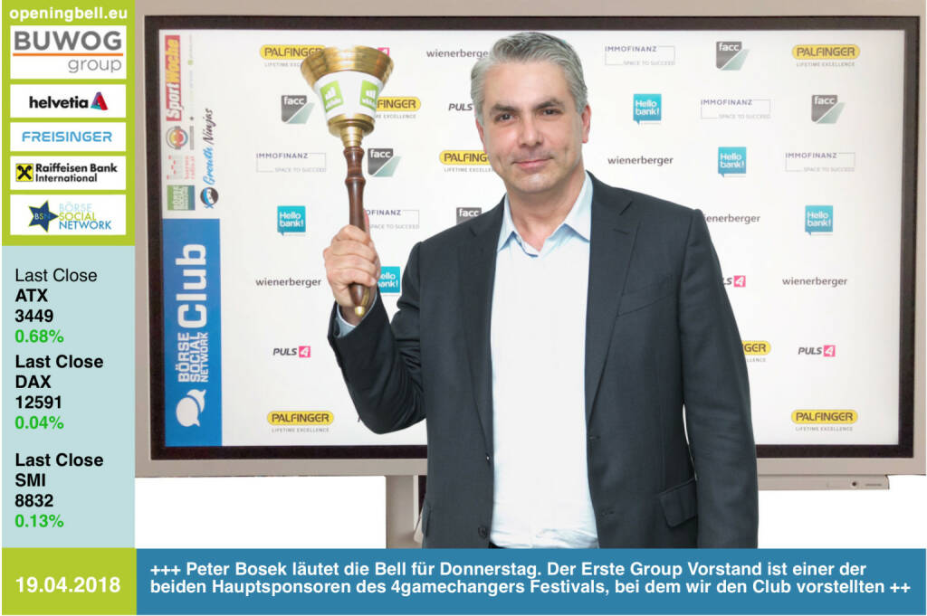 19.4.: Peter Bosek läutet die Opening Bell für Donnerstag. Der Erste Group Vorstand ist mit seiner Bank einer der beiden Hauptsponsoren des 4gamechangers Festivals, bei dem wir den Börse Social Network Club vorgestellt haben https://4gamechangers.io https://www.erstegroup.com/de/home https://www.facebook.com/groups/GeldanlageNetwork/  #goboersewien (19.04.2018)