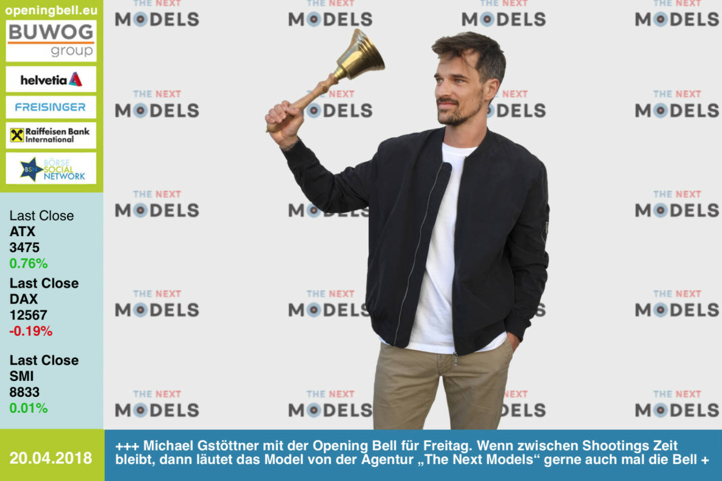 20.4.: Michael Gstöttner mit der Opening Bell für Freitag. Wenn zwischen Shootings Zeit bleibt, dann läutet das Model von der Agentur „The Next Models“ gerne auch mal die Bell http://www.thenextmodels.com  https://www.facebook.com/groups/GeldanlageNetwork/  #goboersewien