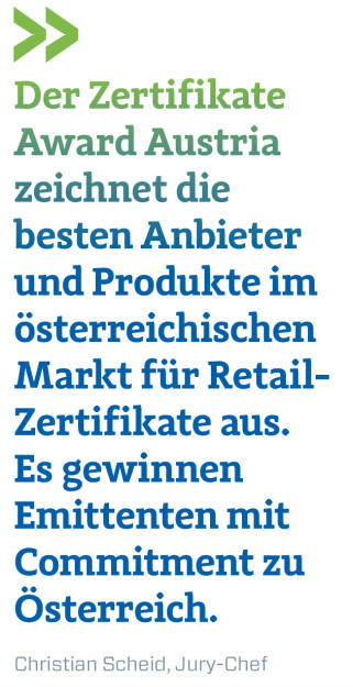 Der Zertifikate Award Austria zeichnet die besten Anbieter und Produkte im österreichischen Markt für Retail-Zertifikate aus. Es gewinnen Emittenten mit Commitment zu Österreich.
Christian Scheid, Jury-Chef (20.04.2018) 