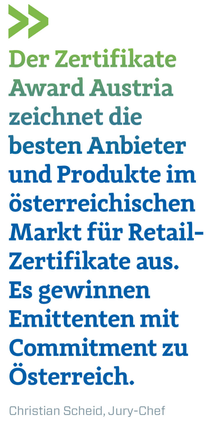 Der Zertifikate Award Austria zeichnet die besten Anbieter und Produkte im &ouml;sterreichischen Markt f&uuml;r Retail-Zertifikate aus. Es gewinnen Emittenten mit Commitment zu &Ouml;sterreich.
Christian Scheid, Jury-Chef
