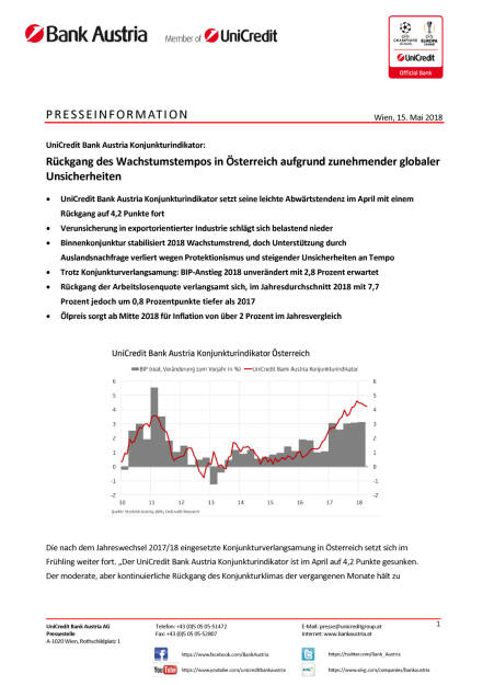 UniCredit Bank Austria Konjunkturindikator: Rückgang des Wachstumstempos in Österreich aufgrund zunehmender globaler Unsicherheiten, Seite 1/6, komplettes Dokument unter http://boerse-social.com/static/uploads/file_2423_unicredit_bank_austria_konjunkturindikator_ruckgang_des_wachstumstempos_in_osterreich_aufgrund_zunehmender_globaler_unsicherheiten.pdf (15.05.2018) 