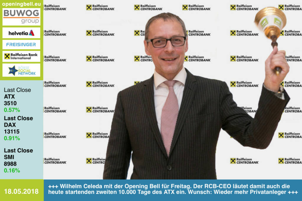 18.5.: Wilhelm Celeda mit der Opening Bell für Freitag. Der RCB-CEO läutet damit auch die heute beginnenden zweiten 10.000 Tage des ATX ein. Wunsch: Wieder mehr Privatanleger, siehe Interview hier: https://boerse-social.com/2018/05/17/wunsche_mir_dass_retailkunden_wieder_starker_in_den_markt_zuruckkommen_willi_celeda_anlasslich_10000_tage_atx_gabb  http://www.rcb.at https://www.facebook.com/groups/GeldanlageNetwork/  #goboersewien  (18.05.2018) 