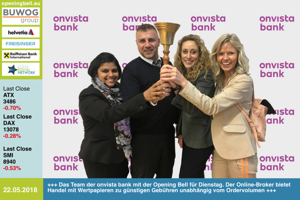 22.5.: Das Team der onvista bank mit der Opening Bell für Dienstag. Der Online-Broker bietet Handel mit Wertpapieren zu günstigen Gebühren unabhängig vom Ordervolumen. https://www.onvista-bank.de https://www.facebook.com/groups/GeldanlageNetwork/  #goboersewien  (22.05.2018) 