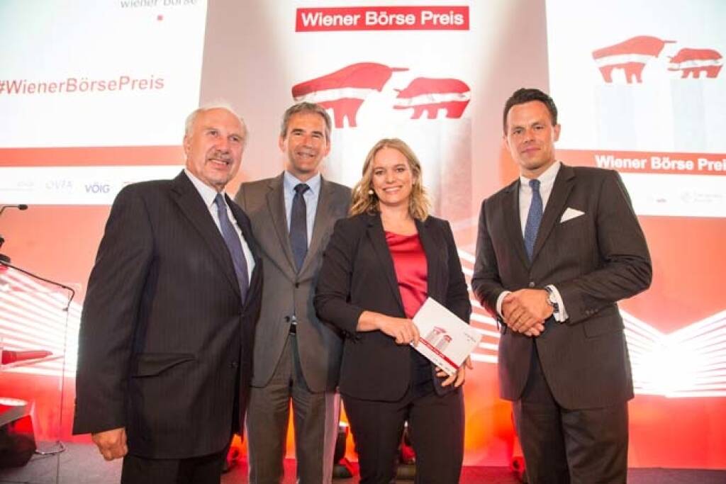 OeNB-Gouverneur Ewald Nowotny, Finanzminister Hartwig Löger, Moderatorin Corinna Milborn (Puls 4), Börse-Chef Christoph Boschan, Credit: APA-Fotoservice, © APA-Fotoservice/Wiener Börse (22.05.2018) 